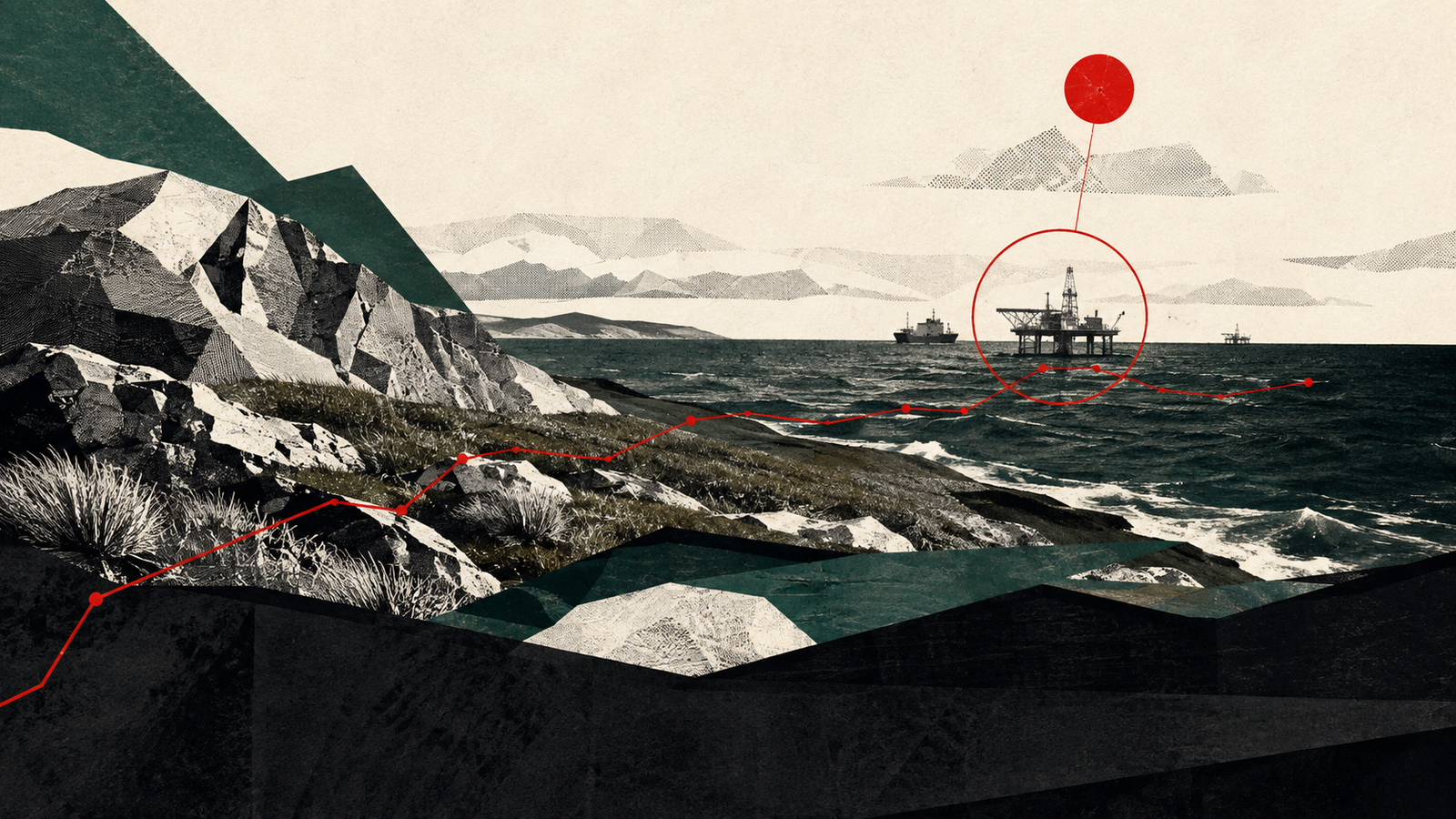 Ilustración editorial del Atlántico Sur, con paisaje marítimo y cortes geométricos.