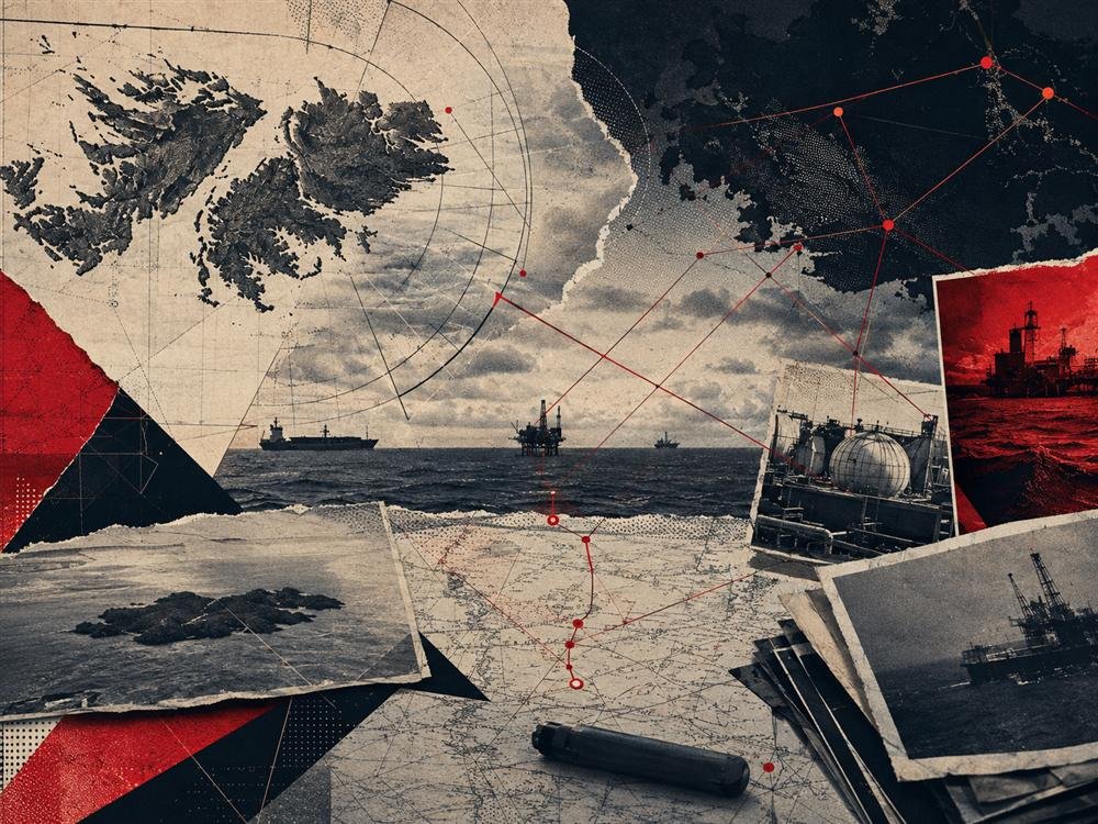 Collage conceptual del Atlántico Sur y la actividad petrolera con cortes geométricos.